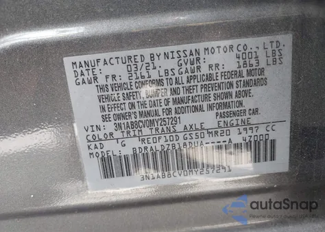 2021 Nissan Sentra from USA, damaged, VIN 3N1AB8CV0MY257291